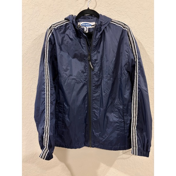 Old Navy Other - Vintage Old Navy Mens Windbreaker Jacket Navy Blue Striped Sleeve Hooded